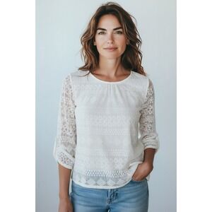 Calessa Ivory Lace Sheer Crochet Overlay Top Blouse Women's XL